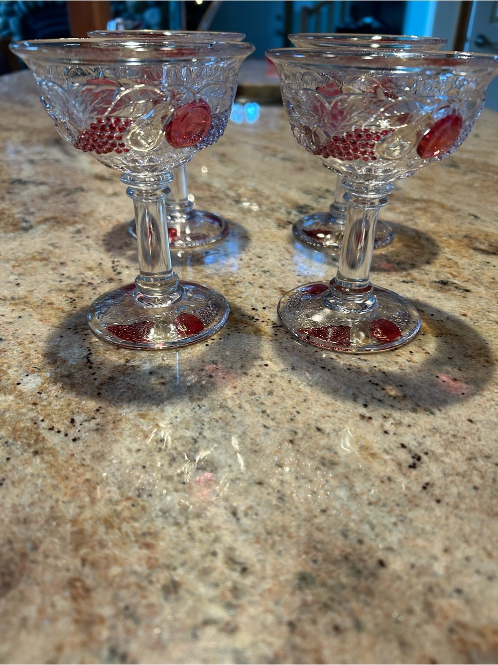 Westmoreland “Della Robbia” Fruit Motif Flashed Glass Dessert/Champagne (4)Set